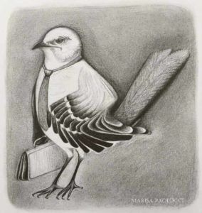 Mockingbird illustration with briefcase and tie