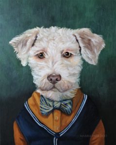 Pet portrait of dog wearing sweater vest and bow tie