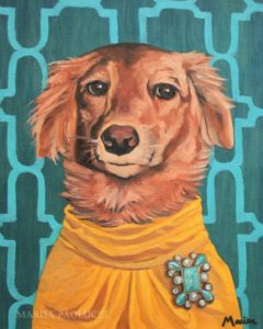 Pet portrait of dog wearing yellow cardigan and brooch.
