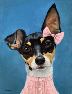 dog wearing pink sweater and bow, dog portrait