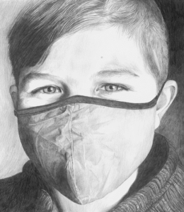Boy wearing a face mask, graphite drawing