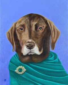 dog wearing green dress and brooch, dog portrait