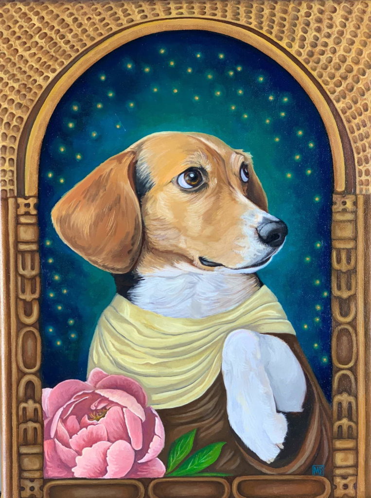 beagle wearing saintly garb, dog portrait